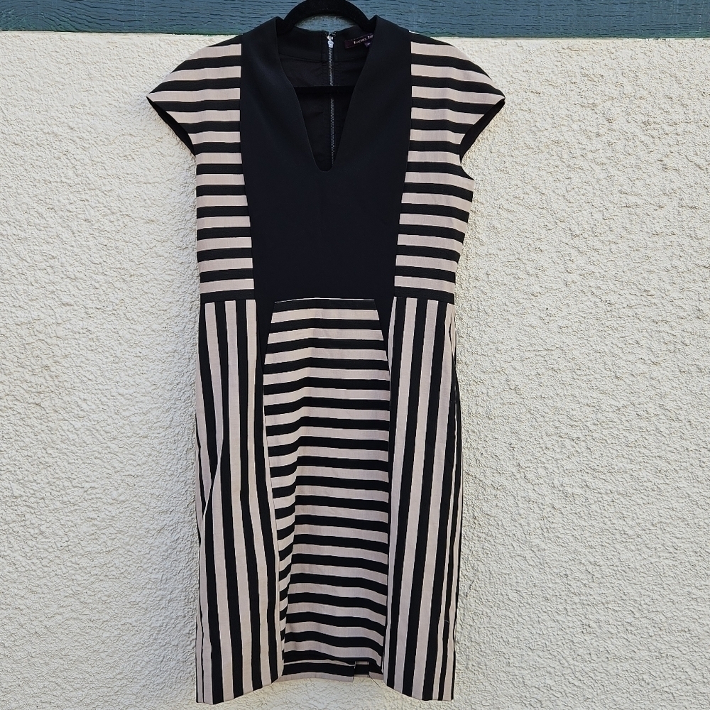 Rachel Roy black and tan striped notch-neck cap sleeve career sheath dress sz 10